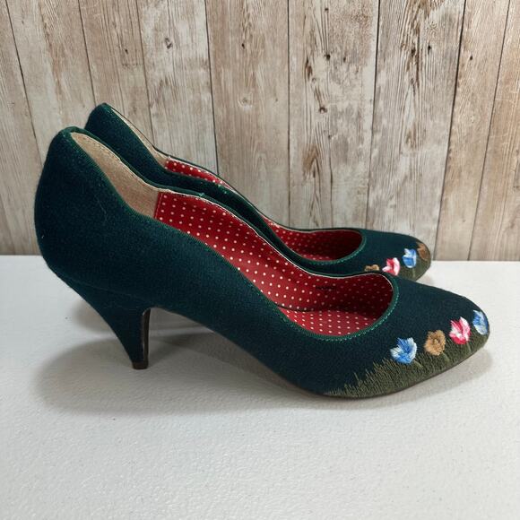 Mod Cloth Heel Pump Shoes Womens 9 Dark Teal Green Tulip Embroidered Floral - Picture 2 of 8